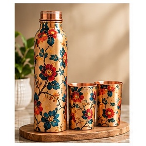 Minimalist Floral Bird Pattern <b>Stainless</b> <b>Steel</b> <b>Water</b> <b>Bottle</b> Set with Copper Trim Portable Drinkware for Travel - Product Image 2