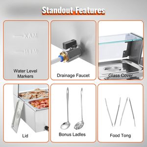 Scaldavivande Commerciale a 6 Vasche, 6 x 8QT, Elettrico, 1500W, in Acciaio Inossidabile, per Buffet, Bain Marie, Attrezzatura per Mantenimento Caldo - Product Image 6