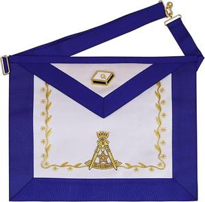 Delantal Masónico del Rito Escocés AASR de 14.º Grado, Satén Blanco, Bordado a Mano con Hilos de Oro y Seda, Borde Azul Moiré, Bolsillo Trasero - Product Image 1