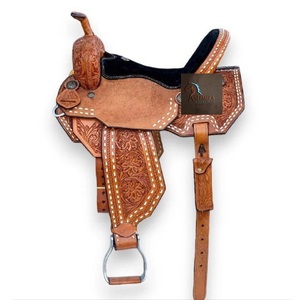 Tan Leather Floral Hand Carved <b>White</b> Raw Hide Braiding Western Barrel Horse Racing Saddle <b>Black</b> Suede Seat SS Fitting 10" to 18" - Product Image 1