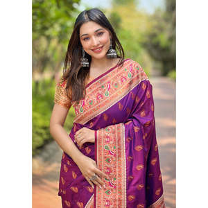 Original <b>Purple</b> Meenakari Yeola Paithani Silk Zari Woven <b>Saree</b> Elegant Evening Dress - Product Image 2