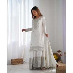 Beautiful Chiffon Top-Plazzo and Dupatta <b>Set</b> with <b>Embroidery</b> Sequence Work Long Sleeve - Product Image 6