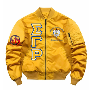 เสื้อแจ็คเก็ตบอมเบอร์สำหรับชมรมนักศึกษา Sigma Gamma Rho ดีไซน์ใหม่ ตกแต่งด้วยผ้าซาตินปักลาย ซับในแบบควิลท์ เป็นมิตรต่อสิ่งแวดล้อม พร้อมฐานเสื้อแบบยืดหยุ่น - Product Image 4