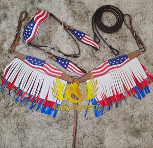 USA themed Patriotic printed Leather Horse Tack Set Crystal Conchos Headstall Breast Plate Genuine Leather Lightweight Tack - Product Image 1