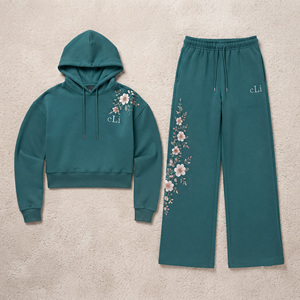 Wholesale Women's Flower Embroidery Hooded Tracksuit Relaxed Fit <b>Palazzo</b> <b>Pants</b> Private Label Full Sleeves Hoodies Supplier DTG - Product Image 2