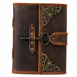 Personalized Embossed Key Leather Journal, Handmade Antique <b>Notebook</b>, Deckle Edge Paper, Metal Corner Details, Vintage <b>Diary</b> - Product Image 1