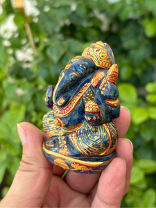 Hand Carved Hand Painted Lapis Lazuli Ganesha <b>Statue</b> | 2.75 Inch Gemstone Ganesh Idol | Gold Detailed Hindu Decor - Product Image 3
