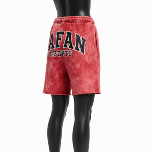 กางเกงขาสั้นกีฬาสีแดงผ้าฝ้ายฟลีซคุณภาพสูง 320 GSM ล้างสีแบบแอซิดวอช แต่งแถบสีดำลายเปลวไฟ ปักโลโก้ตามสั่ง กางเกงขาสั้นผู้หญิง - Product Image 5