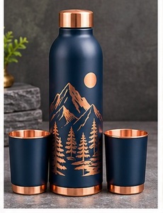 Ensemble moderne de bouteille d'eau et de tasses en cuivre vert avec motif d'arbre doré, vaisselle écologique - Product Image 3