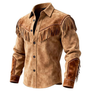 <b>Men's</b> <b>Suede</b> Leather Shirt <b>Jacket</b> With Fringe Western Style Casual Outwear Turn-down Collar Regular Sleeve Solid Color - Product Image 1