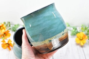 Handcrafted Ceramic Utensil Holder Reactive Glaze Coastal Blue Finish Kiln <b>Fired</b> Thick Wall Durable Kitchen Counter Organizer - Product Image 4