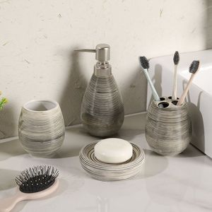 Luxury 4-Piece Textured Steel Bathroom Accessory Set Modern Soap Dispenser <b>Toothbrush</b> <b>Holder</b> Tumbler Soap Dish Grey Slate - Product Image 5