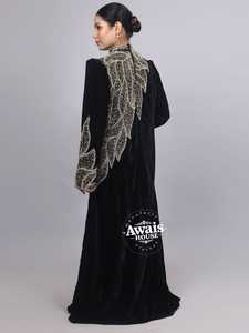 Conjunto de Vestido Abaya Kaftan Negro de Lujo Islámico de Oriente Medio, Hecho a Mano en Dubái, Adornado con Cuentas de Terciopelo y Satén, Talla Grande, Largo hasta el Suelo - Product Image 1