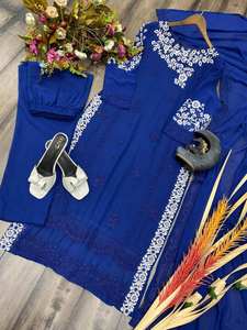 Conjunto de Kurta/Kuri con Bordado de Diseño Moderno y Dupatta, Hermoso Vestido Tradicional para Fiestas, Elegante Color Azul Flor - Product Image 3
