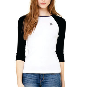 Women's <b>White</b> Black Raglan Sleeve Full Length 100% Organic Cotton T-<b>Shirt</b> Logo Casual <b>Slim</b> <b>Fit</b> O-Neck Solid Knitted Breathable - Product Image 1
