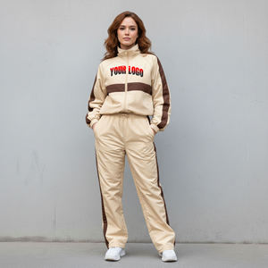 Nouvel article : Ensemble de survêtement tricoté deux pièces pour femme, col montant, haut à manches longues, pantalon large, style sportif bicolore - Product Image 4