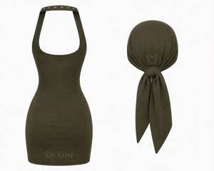 Body moulant vert olive pour femme avec col halter, foulard à nouer, détails rivets, sans manches, extensible, sexy, pour le printemps et l'été - Product Image 6