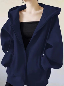 Gray Pure Color Hooded Open Sweatshirt Women's Autumn Winter <b>Fleece</b> <b>Lined</b> Lazy Style Korean Version <b>Jacket</b> - Product Image 2