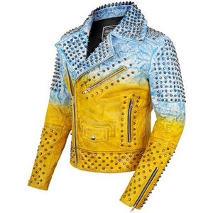 Blue & Gold Studded Leather <b>Jacket</b> <b>Gothic</b> Premium <b>Jacket</b> with Spikes Mens Spiked Rock Punk OEM ODM - Product Image 4