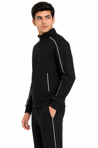 Ensemble de survêtement pour homme noir à fermeture éclair intégrale avec bande blanche, style sportif et athlétique, coupe régulière, poches latérales, idéal pour l'automne - Product Image 2