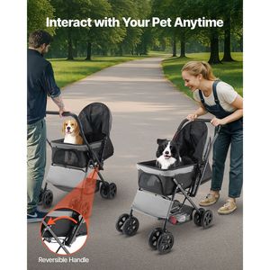 Poussette pliable pour chien à 4 roues avec fenêtres en maille et poignée réversible, capacité de charge de 44 lb - Product Image 4