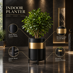 Macetero Moderno de Metal Negro para Interiores con Detalles en Oro Cepillado |   Soporte Alto para Macetas, para Sala de Estar, Hotel, Oficina, Decoración del Hogar - Product Image 4