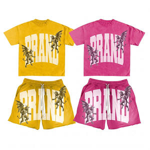 Vintage Acid Washed <b>Blank</b> Mens Summer Two Pieces Set Customized <b>Weight</b> logo Graphics Colors Drawstring Shorts and T-shirt Set - Product Image 2