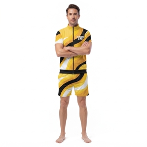 Camiseta y pantalones cortos de manga larga con cuello simulado y cremallera completa con estampado sublimado amarillo para hombre, fabricante mayorista - Product Image 2