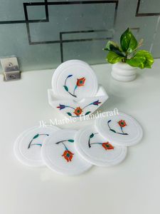 <b>White</b> Marble <b>Coaster</b> Set With Floral Inlay Design For Tea & Coffee <b>Coaster</b> Handcrafted Wholesale Available - Product Image 2