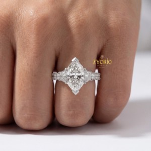 Anillo de compromiso de diamante cultivado en laboratorio con corte marquesa, piedras laterales trapezoidales princesa, oro macizo de 14K, VS, moderno, para boda, aniversario, fiesta - Product Image 5