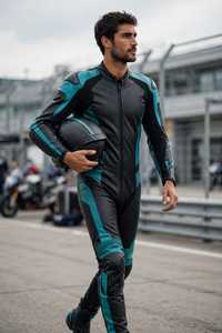 Men Leather Motorcycle Racing Suit <b>Black</b> Teal Color Blocked Full Sleeve <b>One</b> Piece <b>Bodysuit</b> - Product Image 3