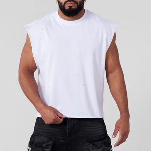 220GSM Cotton <b>Men's</b> Custom Subtle Acid Wash <b>Cropped</b> Tank <b>Top</b> Raw Bottom Hem Sleeveless Tees - Product Image 5