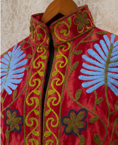 Luxury <b>Velvet</b> <b>Jacket</b> Red Floral Embroidery Mandarin Collar Handmade Artisan Blue Botanical Motifs Premium Boho Lady Fashion wear - Product Image 5