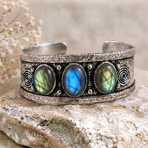 Natural Labradorite Three Stone Wide <b>Cuff</b> Bangle Handmade Gold/<b>Silver</b> Plated Brass Adjustable Vintage Unisex Classic Statement - Product Image 3