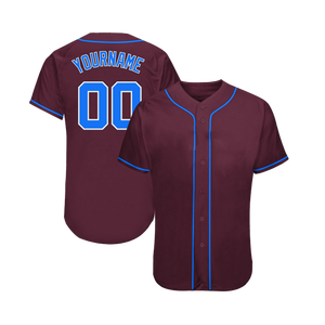 Camiseta de Béisbol Personalizada Color Granate con Ribete Azul, Nombre y Número Personalizados en la Parte Delantera, Manga Corta, para Hombre Adulto, Transpirable, de Secado Rápido, 100% - Product Image 1