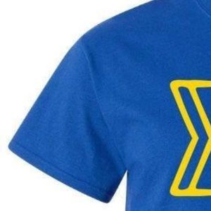 T-shirt décontracté en coton bleu roi avec motif lettres grecques et imprimés jaunes, manches courtes, col rond, vêtement personnalisé unisexe pour l'été - Product Image 3