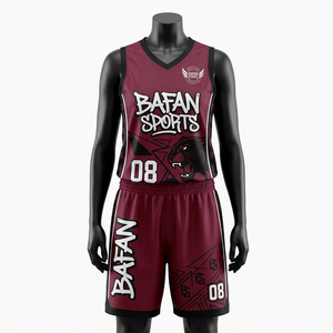 Uniforme de baloncesto de poliéster de malla de alta calidad, 160 GSM, color granate y negro con panel lateral degradado, logotipo personalizado sublimado, ropa deportiva. - Product Image 1