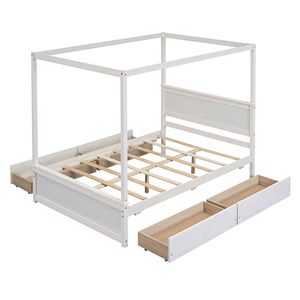 Lit à baldaquin en bois brossé blanc pleine grandeur avec quatre tiroirs et sommiers à lattes – aucun sommier tapissier nécessaire - Product Image 3