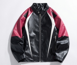 Blouson Moto Homme en Cuir PU Color Block Col Montant Entièrement Zippé Décontracté Style Motard Vente en Gros - Product Image 1