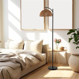 Lampada da Terra a LED in Metallo Nero con Corda di Carta, Interruttore a Pedale, Base Stabile, Test di Stabilità a 8 Gradi, Paralume Dorato, Funzione Illuminazione - Product Image 2