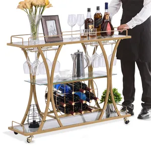 Chariot de service en métal doré avec étagères en verre et porte-bouteilles pour la maison et le salon - Product Image 4