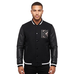 Chaqueta Varsity Negra para Hombre con Mangas de Cuero Vacuno y Logotipo K Bordado en la Parte Delantera, Chaqueta Personalizada al por Mayor - Product Image 5