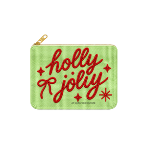 Monedero de Cremallera Bordado Artesanal Holly Jolly con Patrón Navideño Verde y Rojo, Bolsa de Monedas Personalizada con Cuentas de Semillas, Festivo para las Fiestas - Product Image 1