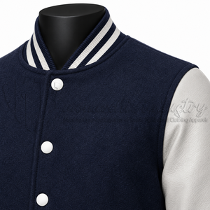 Chaqueta Varsity Azul para Hombre con Mangas de Cuero Blanco, Estilo Preppy, Corte Regular, Cuello Camisero, Cierre de Botones, Ropa de Otoño - Product Image 6