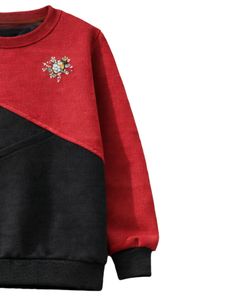 Sweat-shirt pour femme bicolore rouge et noir en polaire douce, col rond, décontracté, pull d'hiver avec détails brodés, vêtement tendance - Product Image 4