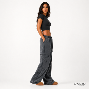 Pantalon de jogging polaire large pour femme, taille mi-haute élastique, couleur unie, étoile brodée, personnalisable, décontracté, pour l'hiver - Product Image 2