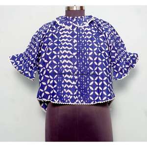 Túnica Moderna con Estampado Floral, 100% Algodón Lavable, Estilo Casual Femenino, Cuello Mandarín con Volantes, Manga Media, Mini - Product Image 1