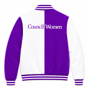 Veste universitaire personnalisée NCNW Council, violette et blanche, manches longues, col à bande sur le devant, logo brodé, coton - Product Image 3