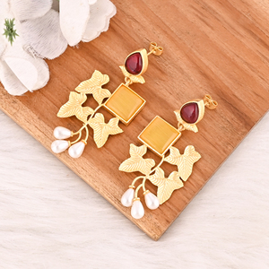 Pendientes de Latón con Perlas de Ojo de Gato Amarillo y Granate, Joyería Chapada en Oro para Mujer, Lote al por Mayor de 10 Pares - Product Image 4