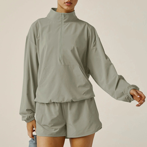 Chaqueta Bomber Corta de Mujer con Media Cremallera, Bolsillo Canguro, Cuello Alto, Manga Larga, Ligera, de Secado Rápido, Spandex/Poliéster - Product Image 1